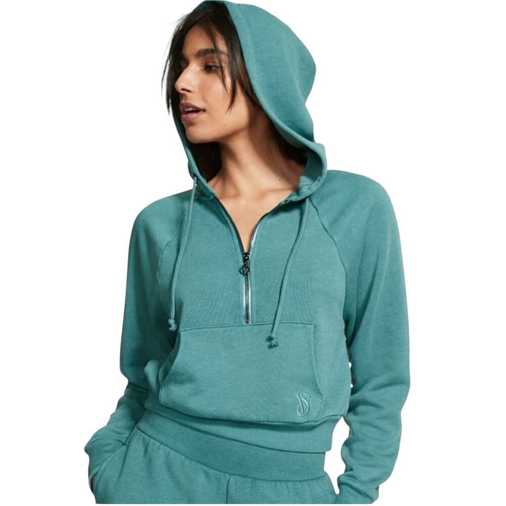 Victoria's Secret French Sage Graphic Cotton Fleece Half Zip Hoodie Size Small